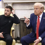 US President Donald Trump (R) meets with Ukrainian President Volodymyr Zelensky (L) in the Oval Office of the White House in Washington, DC, USA, 28 February 2025. Zelensky is in Washington to sign the framework of a deal, pushed by President Trump, to share Ukrainesâs mineral wealth with the US. Credit: Jim LoScalzo / Pool via CNP